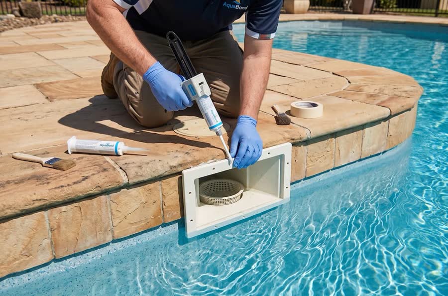 A+ Leak Detection technician injecting waterproofing sealant into a pool skimmer